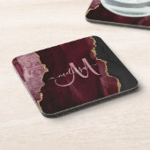 Chic Burgundy Gold Glitzer Agate Custom Monogram Getränkeuntersetzer (Linke Seite)