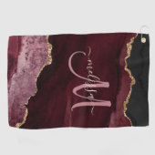 Chic Burgundy Gold Glitzer Agate Custom Monogram Golfhandtuch (Horizontal)