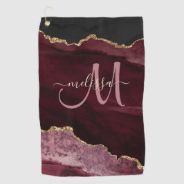 Chic Burgundy Gold Glitzer Agate Custom Monogram Golfhandtuch