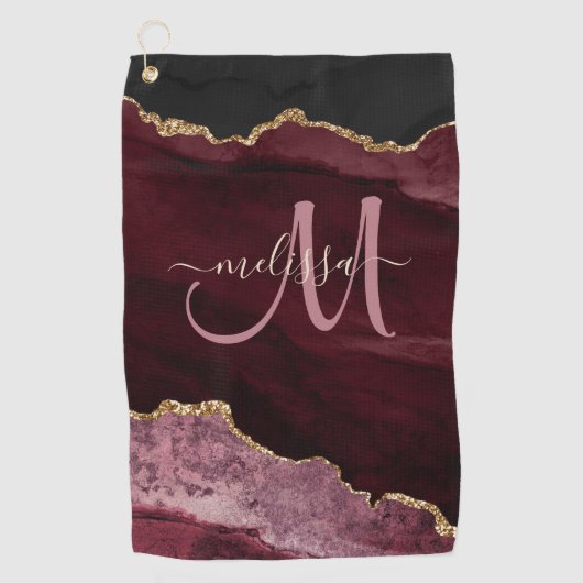Chic Burgundy Gold Glitzer Agate Custom Monogram Golfhandtuch (Vorderseite)