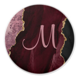Chic Burgundy Gold Glitzer Agate Custom Monogram Keramikknauf