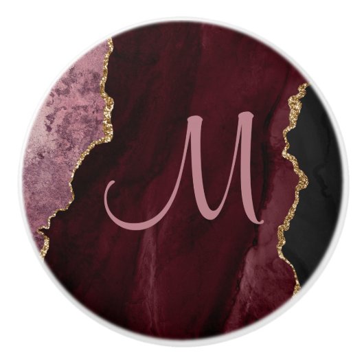 Chic Burgundy Gold Glitzer Agate Custom Monogram Keramikknauf (Vorderseite)