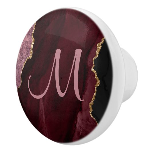 Chic Burgundy Gold Glitzer Agate Custom Monogram Keramikknauf (Rechts)