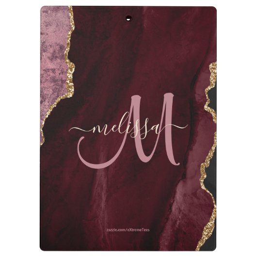 Chic Burgundy Gold Glitzer Agate Custom Monogram Klemmbrett (Rückseite)
