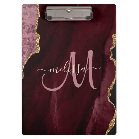 Chic Burgundy Gold Glitzer Agate Custom Monogram Klemmbrett (Vorderseite)