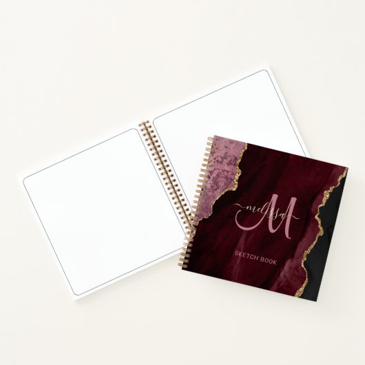 Chic Burgundy Gold Glitzer Agate Custom Monogram Notizblock (Innenseite)