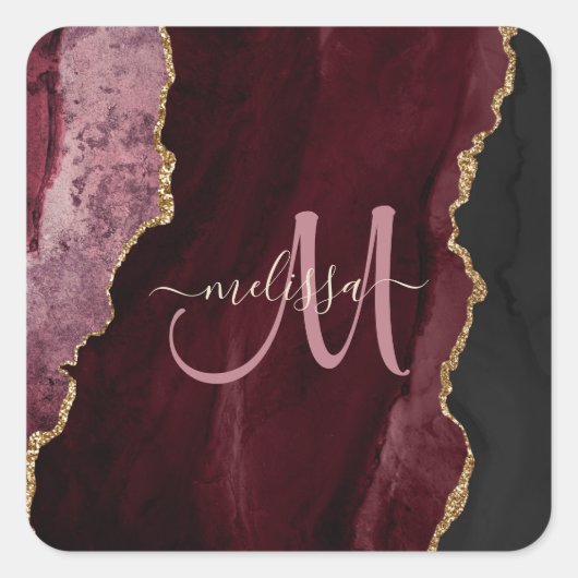 Chic Burgundy Gold Glitzer Agate Custom Monogram Quadratischer Aufkleber (Vorderseite)