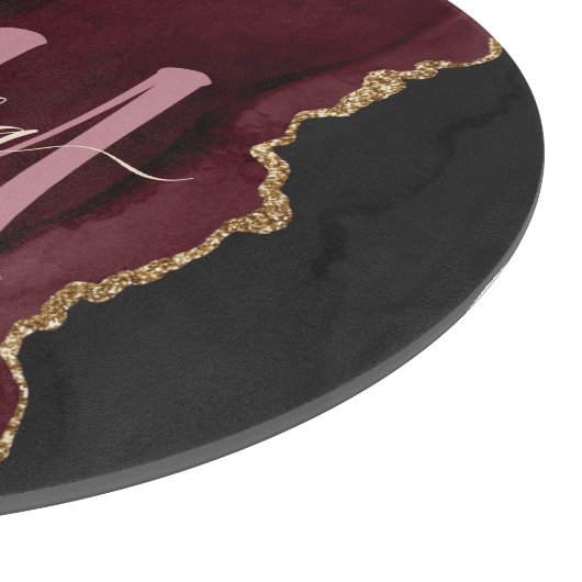 Chic Burgundy Gold Glitzer Agate Custom Monogram Schneidebrett (Ecke)