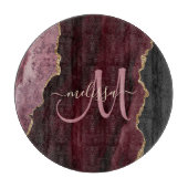 Chic Burgundy Gold Glitzer Agate Custom Monogram Schneidebrett (Vorderseite)