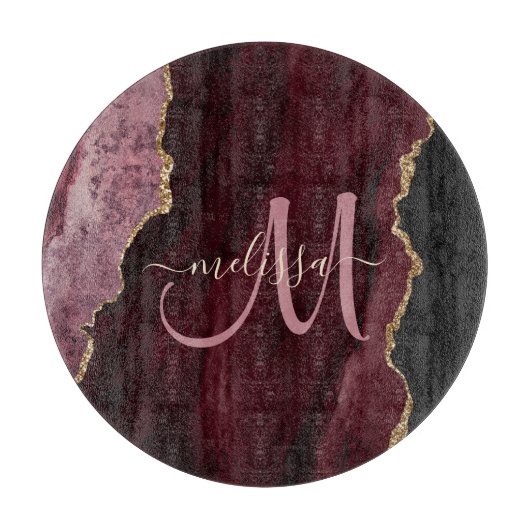 Chic Burgundy Gold Glitzer Agate Custom Monogram Schneidebrett (Vorderseite)