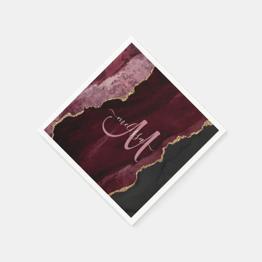 Chic Burgundy Gold Glitzer Agate Custom Monogram Serviette (Ecke)
