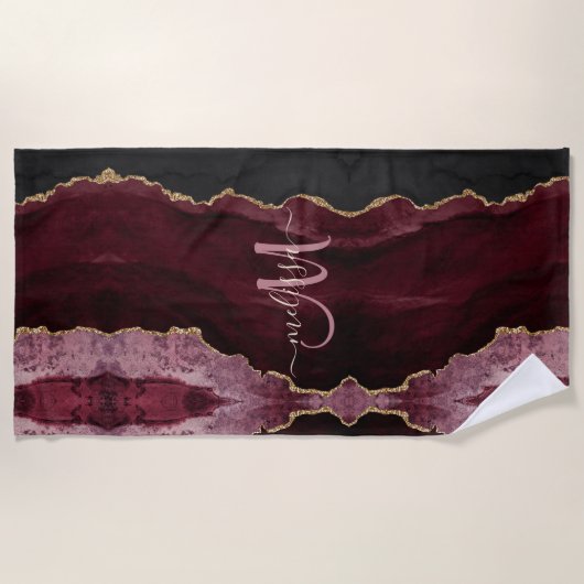 Chic Burgundy Gold Glitzer Agate Custom Monogram Strandtuch (Vorderseite)