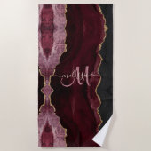 Chic Burgundy Gold Glitzer Agate Custom Monogram Strandtuch (Vorderseite)