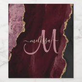 Chic Burgundy Gold Glitzer Agate Custom Monogram Weinetikett (Einzelnes Label)