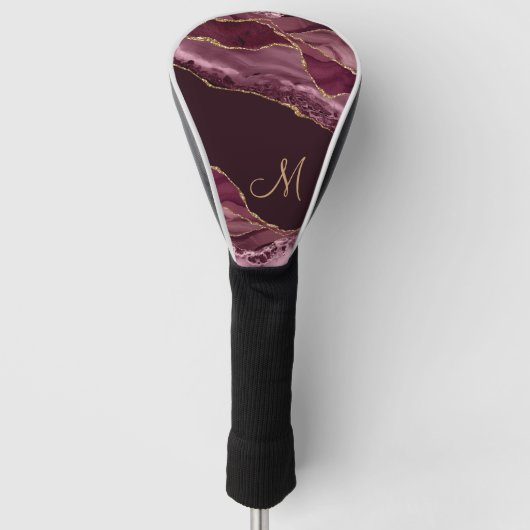 Chic Burgundy Gold Glitzer Agate Monogram Golf Headcover (Vorderseite)