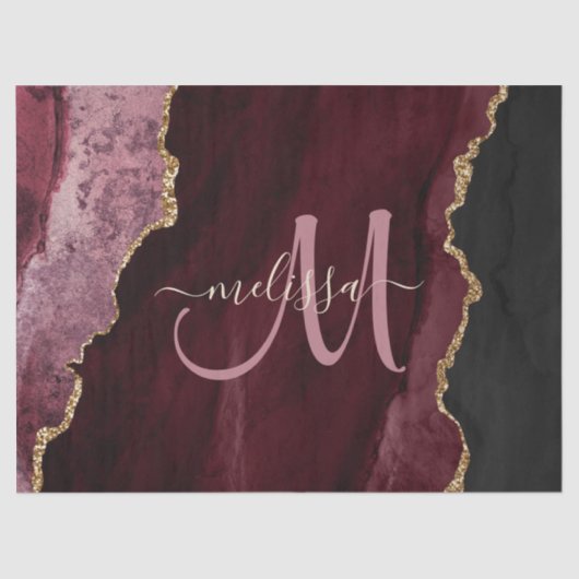 Chic Burgundy Gold Glitzer Agate Monogram Seidenpapier (Vorderseite)