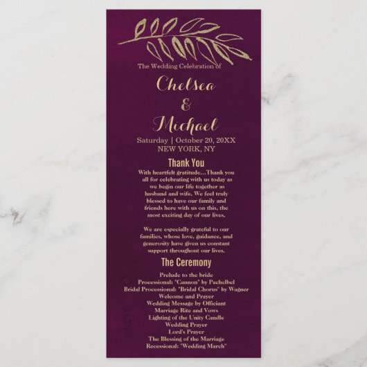 Chic burgundy gold Glitzer Blätter Program Programm (Vorderseite)