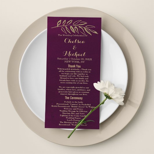 Chic burgundy gold Glitzer Blätter Program Programm