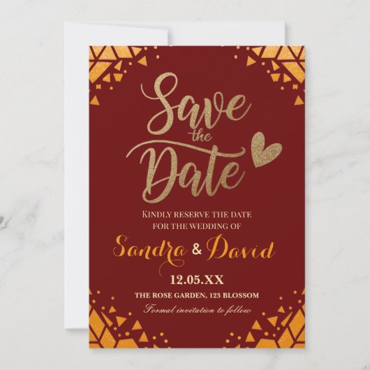 Chic Burgundy Gold Glitzer Moderne, trendige Hochz Save The Date (Vorderseite)