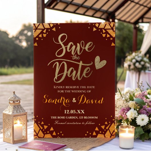 Chic Burgundy Gold Glitzer Moderne, trendige Hochz Save The Date