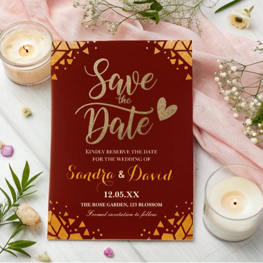 Chic Burgundy Gold Glitzer Moderne, trendige Hochz Save The Date