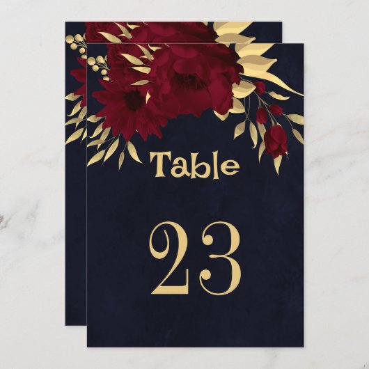 Chic burgundy & gold marineblaue Tischnummer (Vorne/Hinten)
