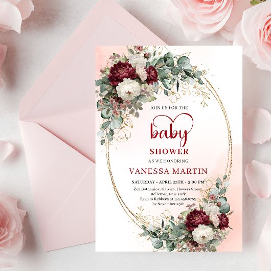 Chic Burgundy Gold Script Baby Shower Invitation Einladung