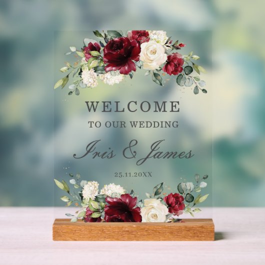 Chic Burgundy Ivory Floral Wedding Willkommen Acrylschild (Neutral)
