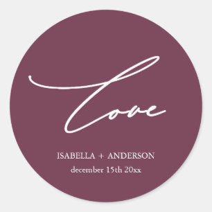 Chic Burgundy Liebe Schriftzug mit Namen Hochzeit Runder Aufkleber