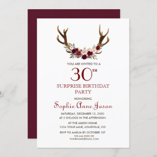 Chic Burgundy Marsala Floral Antlers 50. Geburtsta Einladung