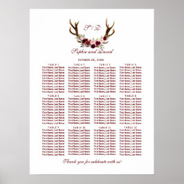 Chic Burgundy Marsala Floral Antlers Seekarte Poster