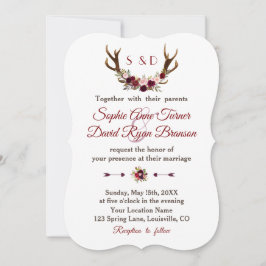 Chic Burgundy Marsala Floral Antlers Wedding Einladung