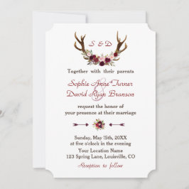 Chic Burgundy Marsala Floral Antlers Wedding Einladung