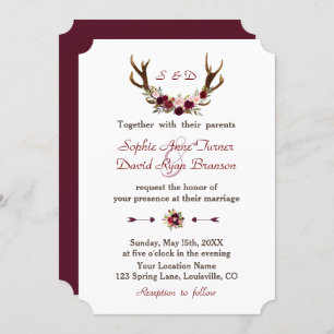 Chic Burgundy Marsala Floral Antlers Wedding Einladung