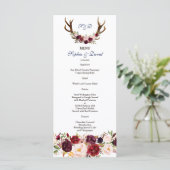 Chic Burgundy Marsala Floral Antlers Wedding Menu Menükarte (Stehend Vorderseite)