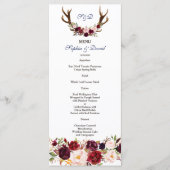 Chic Burgundy Marsala Floral Antlers Wedding Menu Menükarte (Vorderseite)
