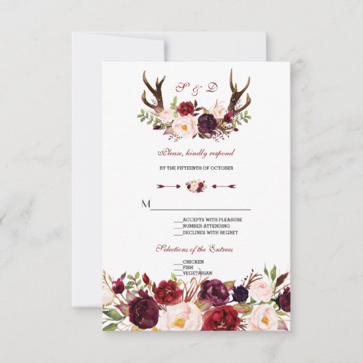 Chic Burgundy Marsala Floral Antlers Wedding RSVP (Vorderseite)