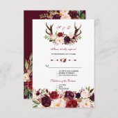 Chic Burgundy Marsala Floral Antlers Wedding RSVP (Vorne/Hinten)