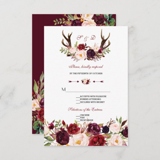 Chic Burgundy Marsala Floral Antlers Wedding RSVP (Vorne/Hinten)