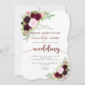 Chic Burgundy Marsala Floral Gold Wedding Einladung (Vorderseite)
