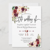Chic Burgundy Marsala Floral Handwriting Wedding Einladung (Vorderseite)