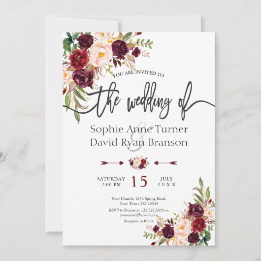 Chic Burgundy Marsala Floral Handwriting Wedding Einladung (Vorderseite)