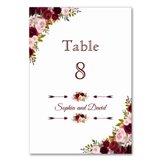 Chic Burgundy Marsala Floral Wedding TISCHNUMMER (Vorderseite)