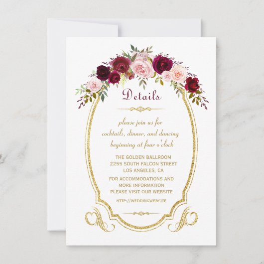 Chic Burgundy Marsala Hochzeit im Herbst Details Einladung (Vorderseite)