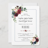 Chic Burgundy Navy Blue Floral Frame Wedding Einladung (Vorderseite)