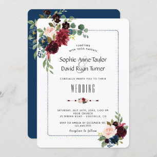 Chic Burgundy Navy Blue Floral Frame Wedding Einladung