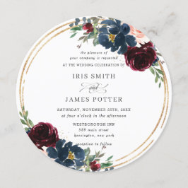 Chic Burgundy Navy Blush Bloral Wedding Einladung