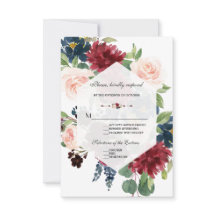 Chic Burgundy Navy Floral Frame Wedding RSVP