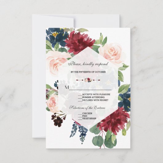 Chic Burgundy Navy Floral Frame Wedding RSVP Karte (Vorderseite)