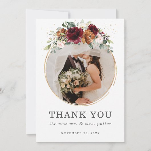 Chic Burgundy Orange Floral Wedding Foto Wedding Dankeskarte (Vorderseite)